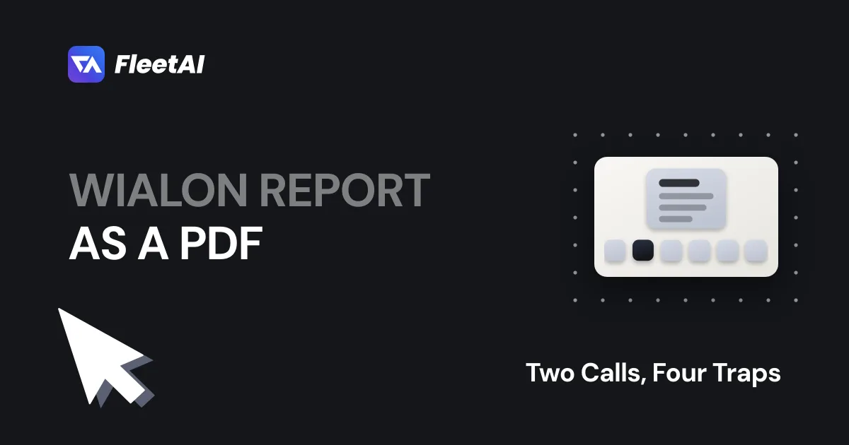 Cover: “Wialon report as a PDF” — a page above the six format bits, with the second one set